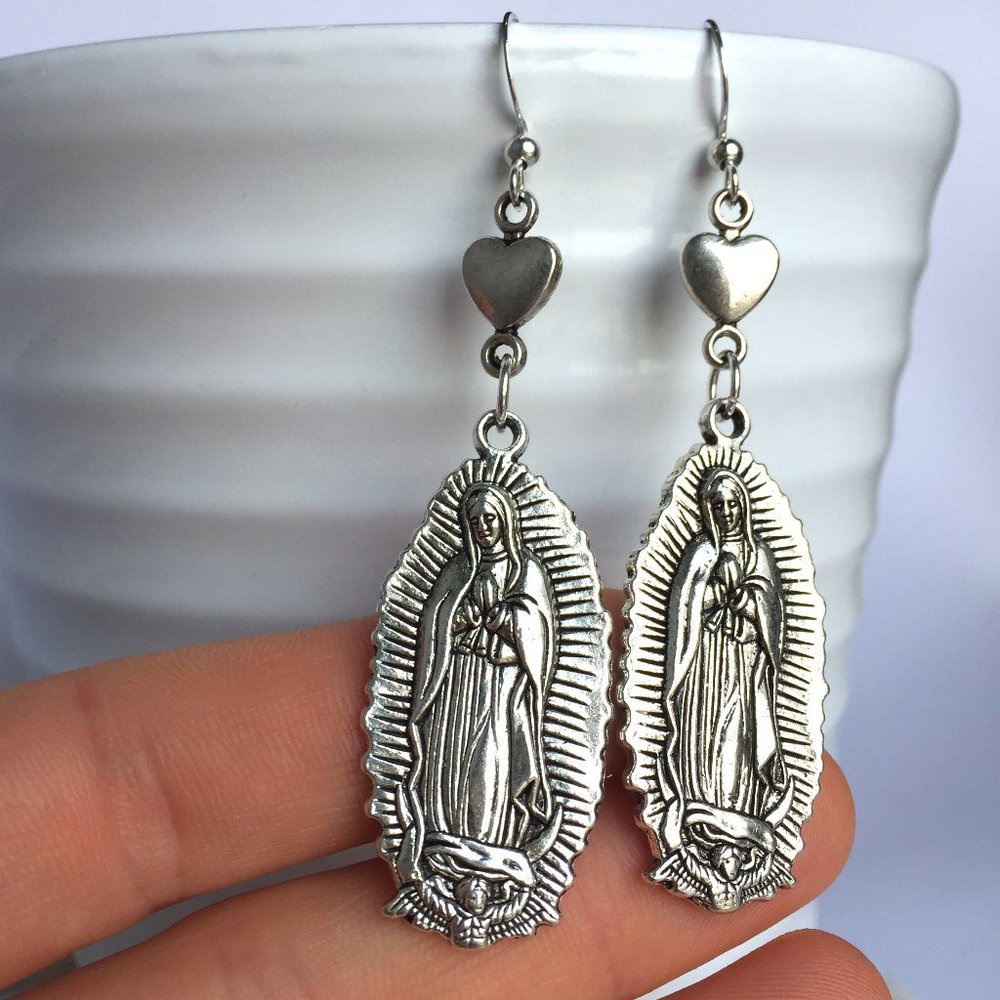 Silver Virgin Mary Heart Earrings - Picture 6 of 7